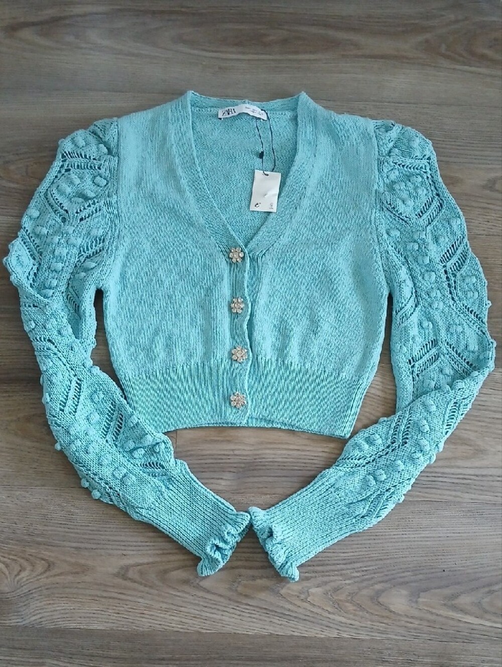 Zara Blue Jewel Button Cardigan Medium Textured Puff Sleeve Knit Sweater NWT - Picture 2 of 6